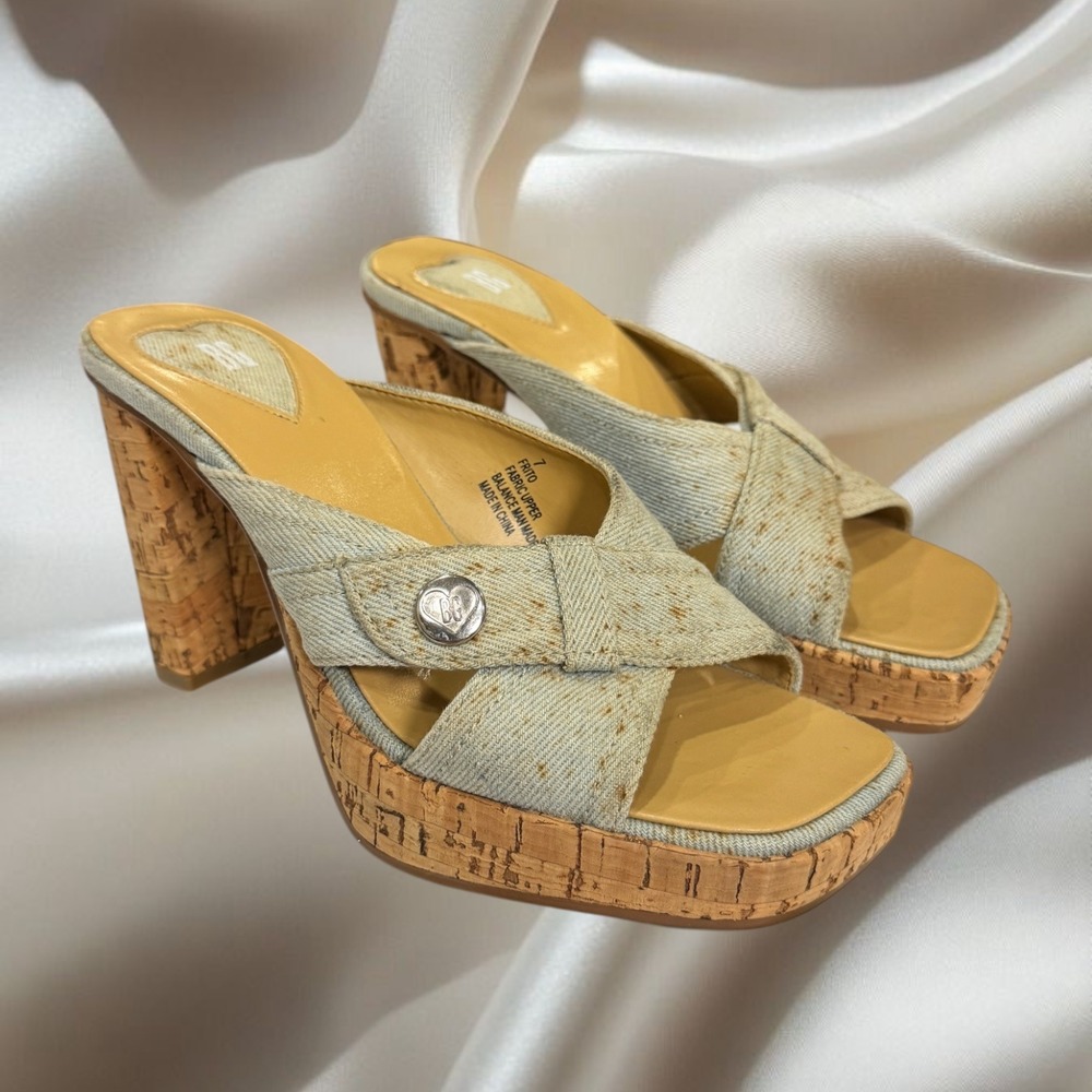 Y2K BG Denim Cork Heel Platform Square Toe Mules Size 7 Chunky‎